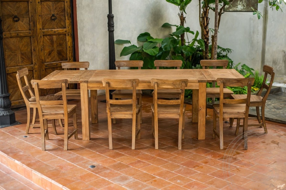 Uitschuifbare teak tafel 160 + 10 stoelen