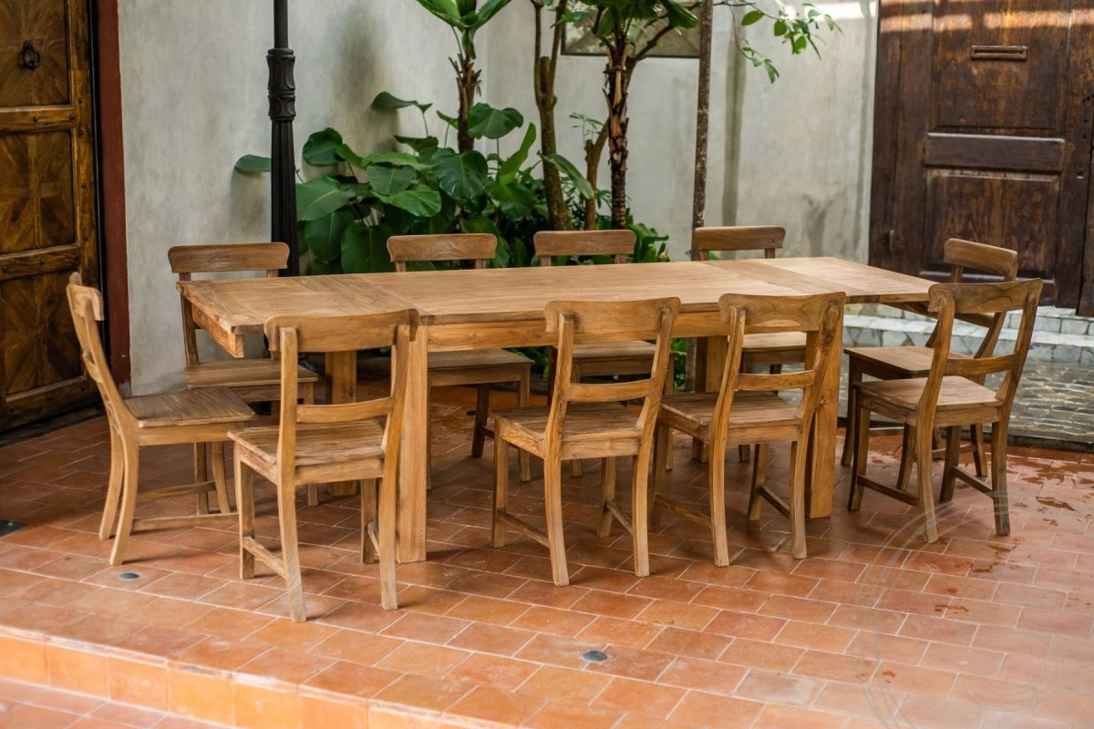 Uitschuifbare teak tafel 160 + 10 stoelen