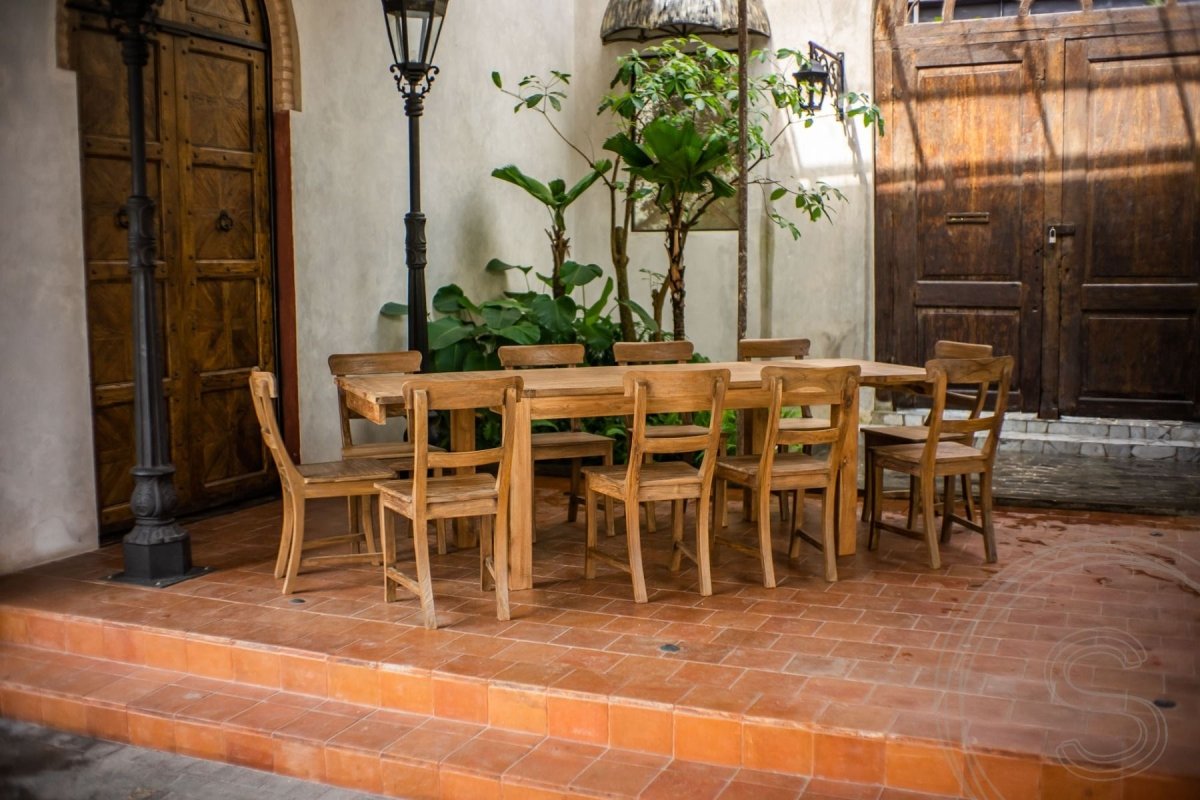 Uitschuifbare teak tafel 160 + 10 stoelen