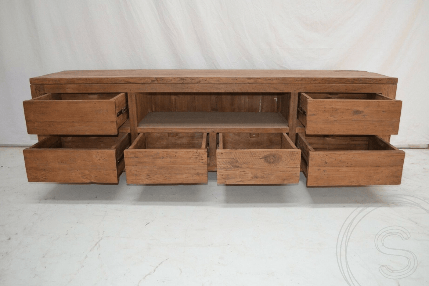 Teak tv-meubel oud hout 200cm greeploos