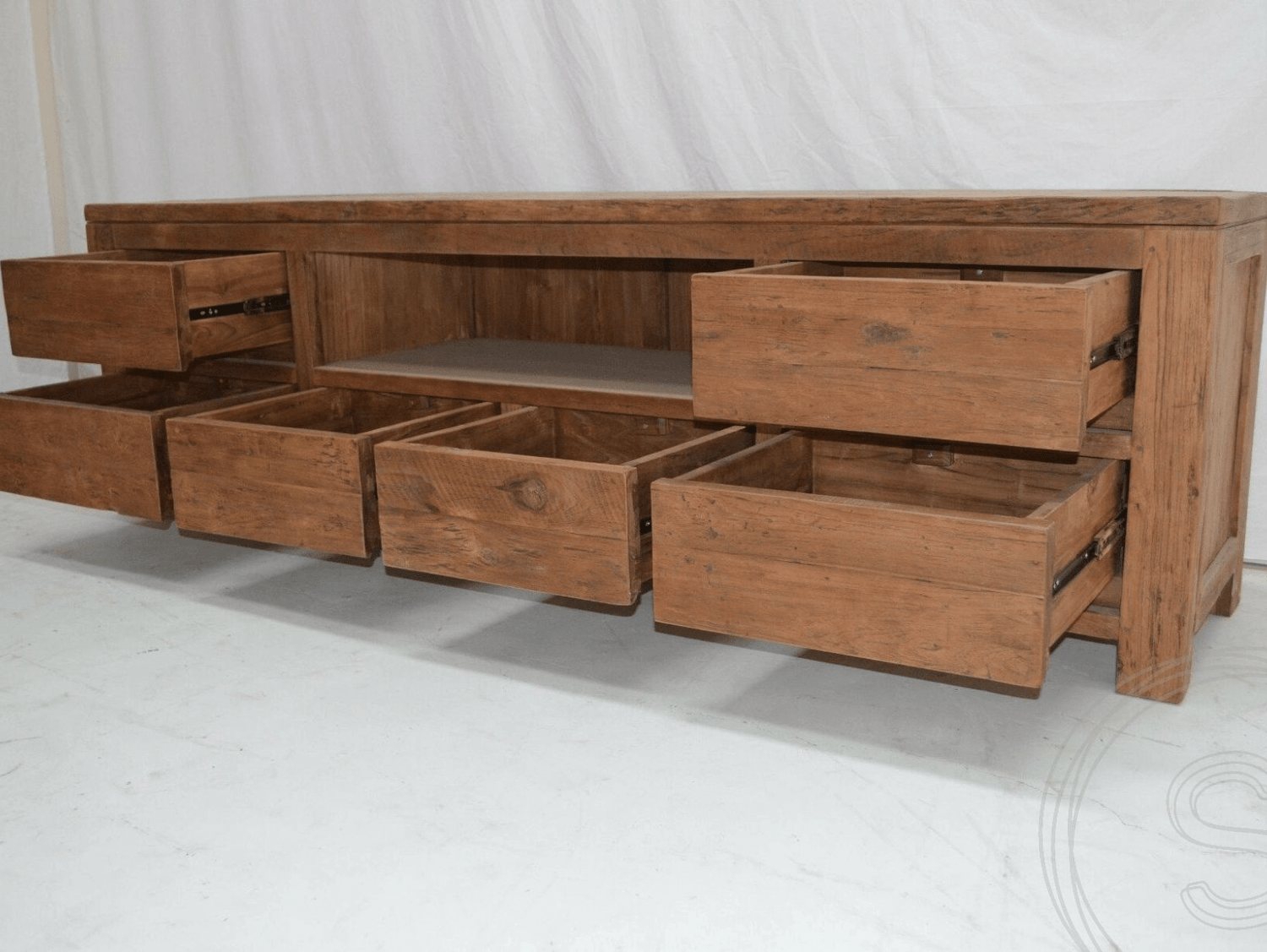 Teak tv-meubel oud hout 200cm greeploos