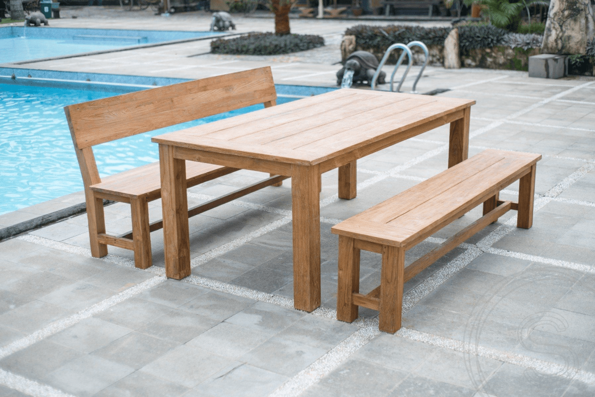 Teak tuintafel 200x100 + bank 200 + bank 200 met rugleuning