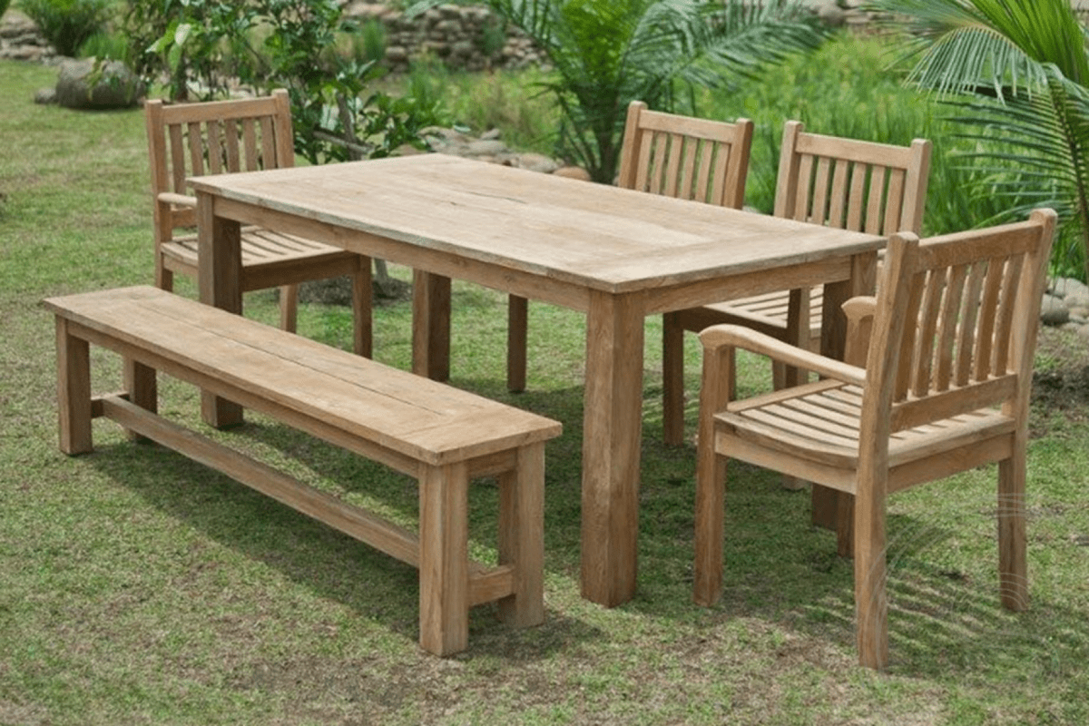 Teak tuintafel 200x100cm + 4 stoelen beaufort + bank