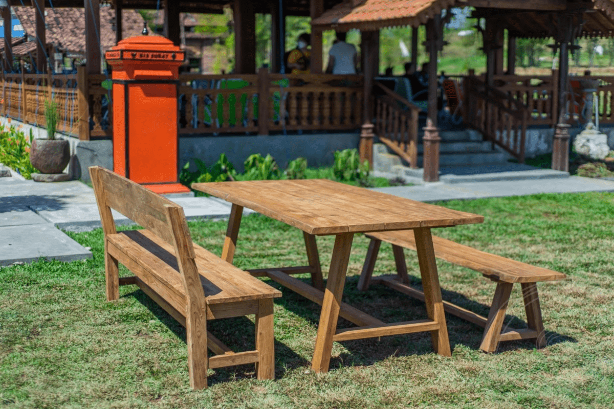 Teak tuintafel Java 200 x 100 + teak tuinbank Java 200 + teak bank 200 Sandaran