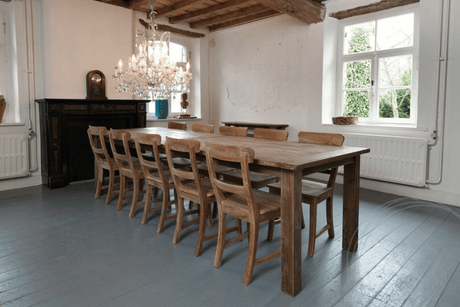 Teak tafel 300x100cm oud hout + 10 stoelen