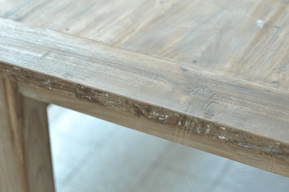 Teak tafel oud hout 200x100 + 3 stoelen + bank