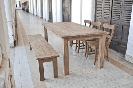 Teak tafel oud hout 200x100 + 3 stoelen + bank