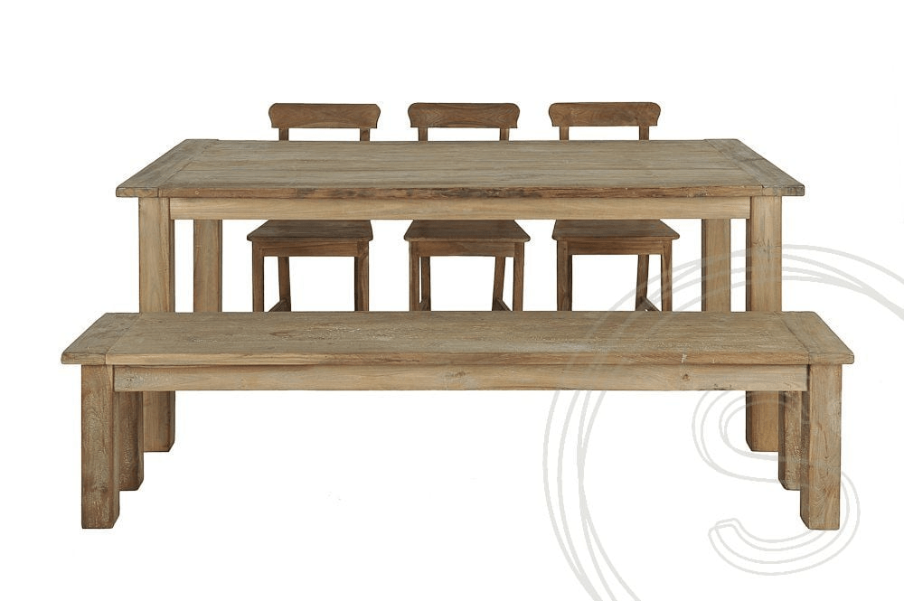 Teak tafel oud hout 200x100 + 3 stoelen + bank