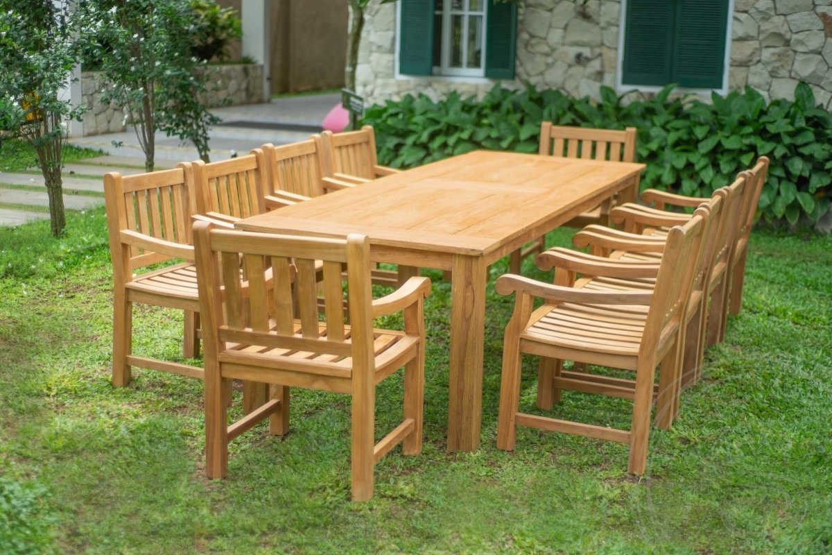Teakhouten tuintafel 280 x 100 + 10 tuinstoelen Elephant