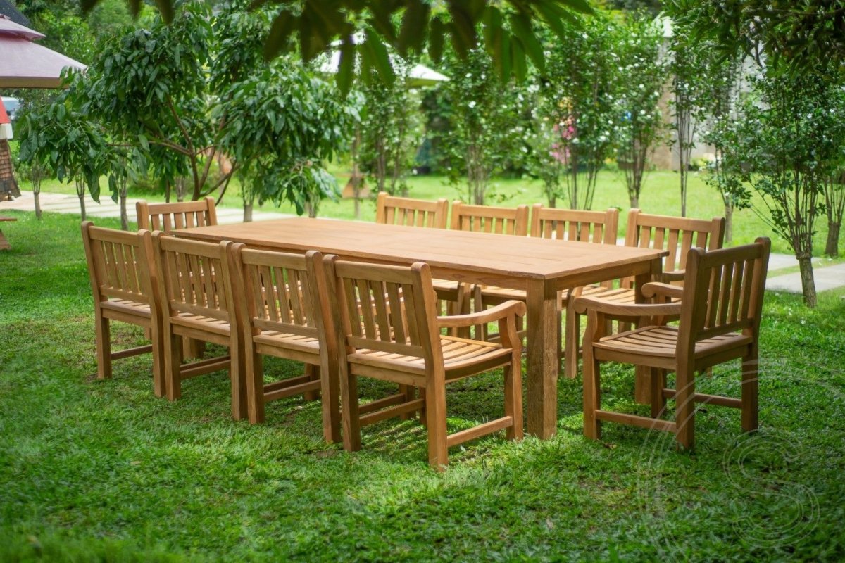 Teakhouten tuintafel 280 x 100 + 10 tuinstoelen Elephant