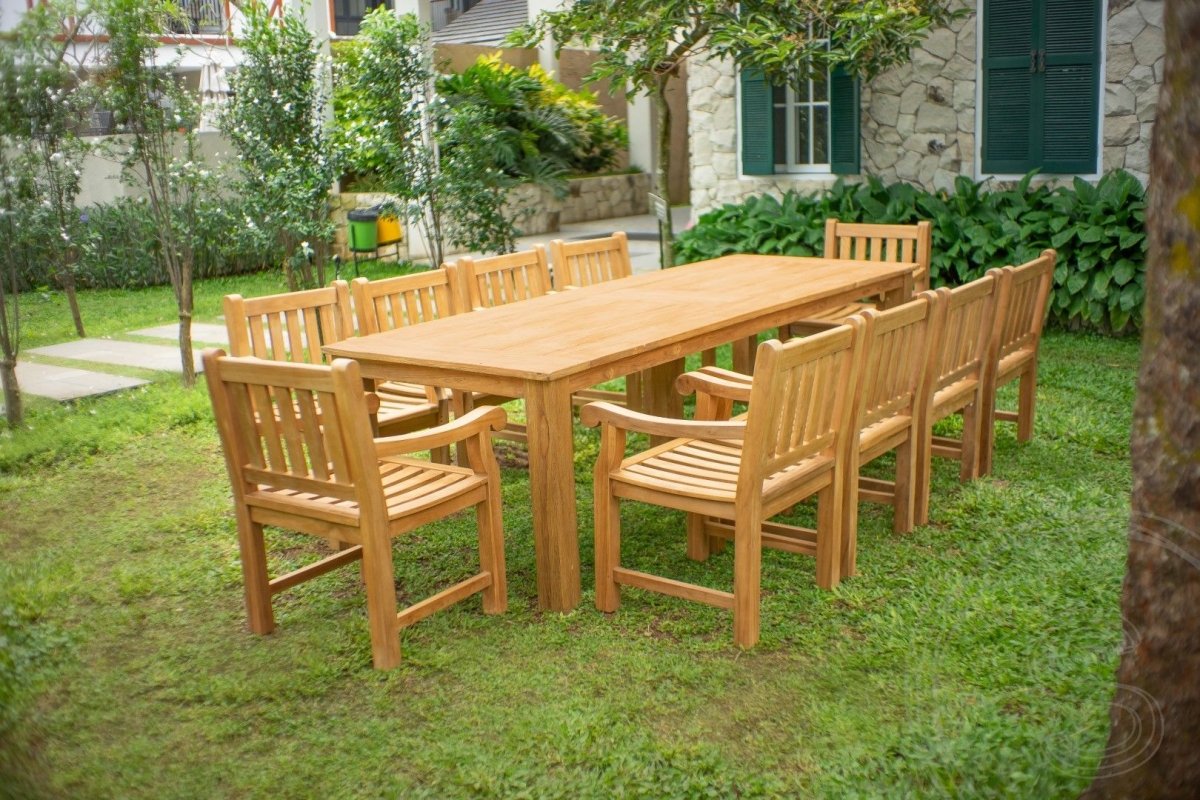 Teakhouten tuintafel 280 x 100 + 10 tuinstoelen Elephant