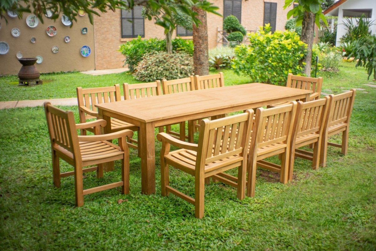 Teakhouten tuintafel 280 x 100 + 10 tuinstoelen Elephant