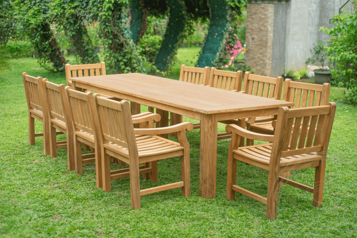 Teak tuintafel 300 x 100 + 10 tuinstoelen elephant