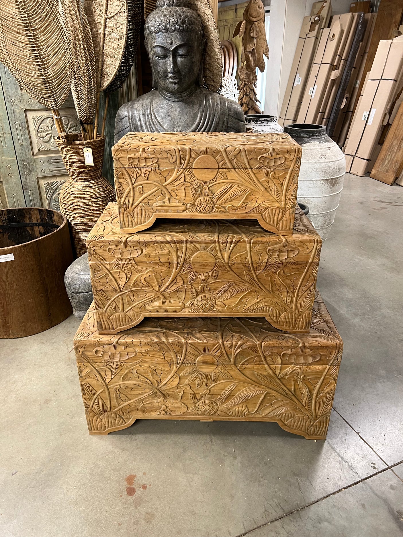 Teak kist flower M - 80x40x39cm
