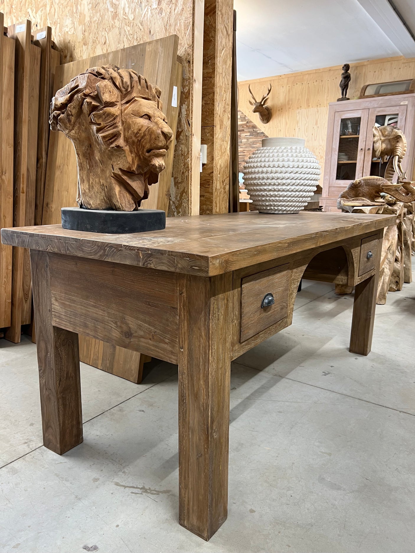 Teak bureautafel met lades oud hout - 180x90x80cm