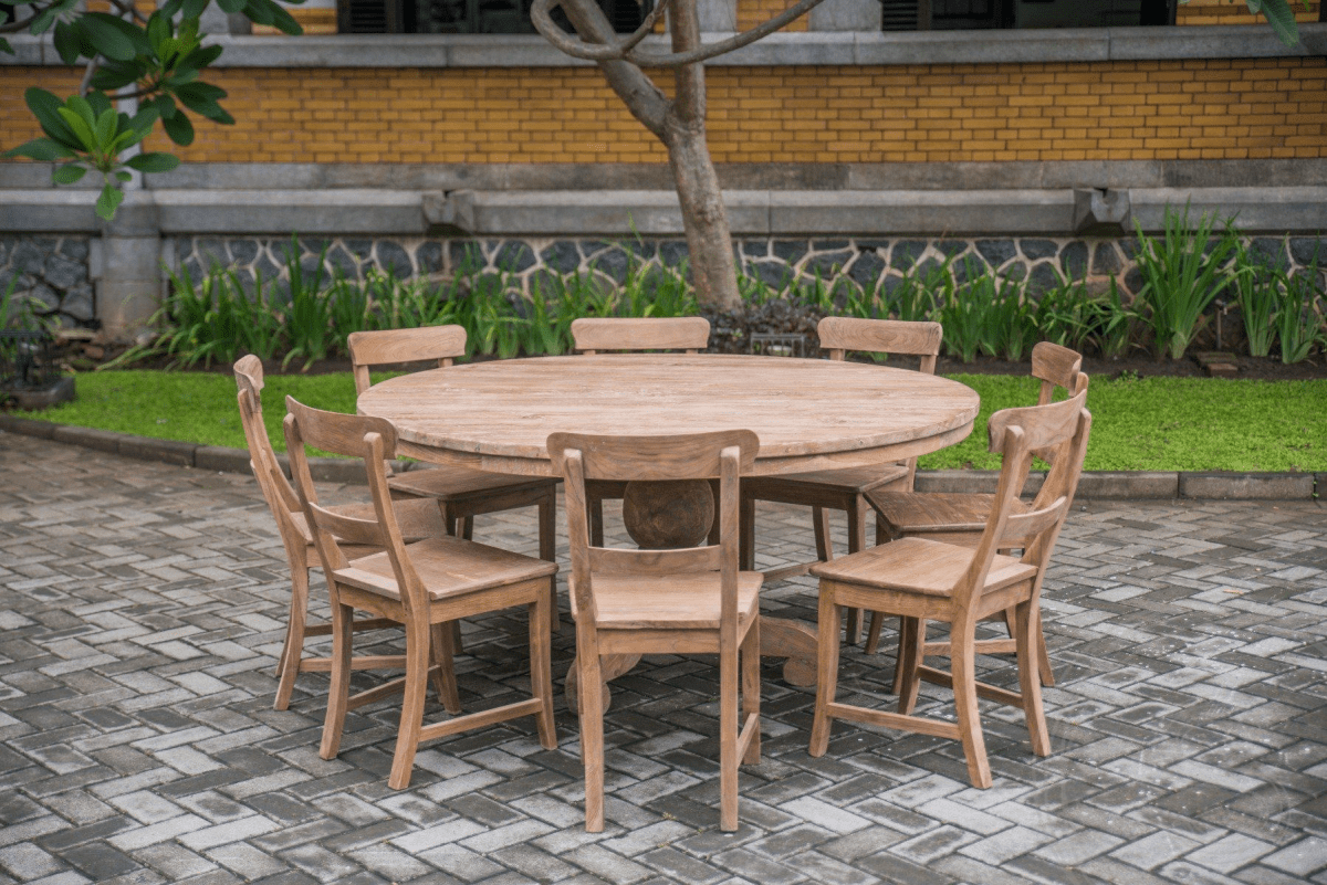 Ronde teak tafel 160 oud hout + 8 stoelen
