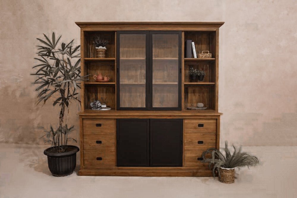 Teak buffetkast met stalen deuren 200cm