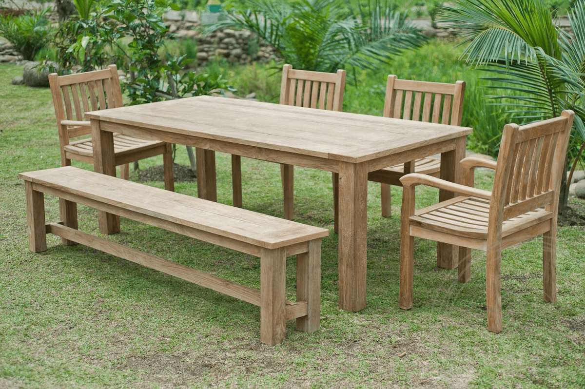 Teak tuintafel 220x100cm + 4 beaufort stoelen + bank