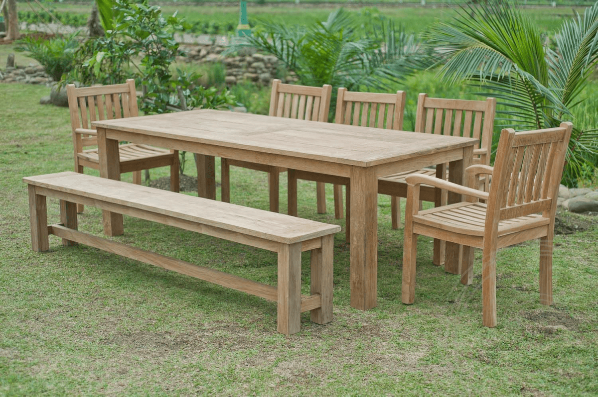 Teak tuintafel 240x100cm + 5 beaufort stoelen + bank