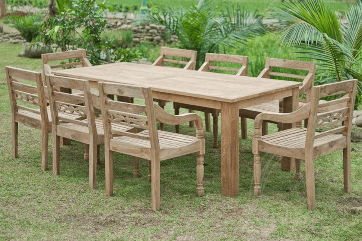 Teak tuintafel 240x100cm + 8 stationsstoelen