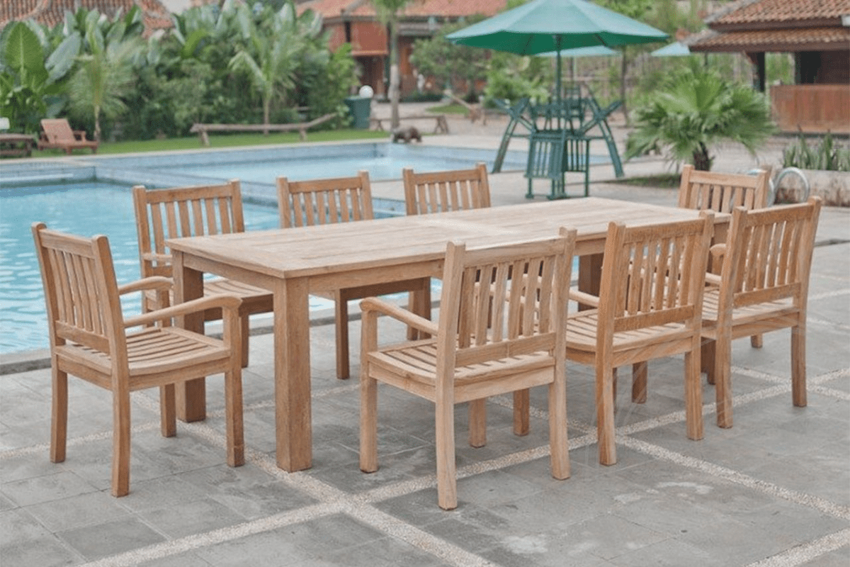 Teak tuintafel 260x100cm + 8 beaufort stoelen