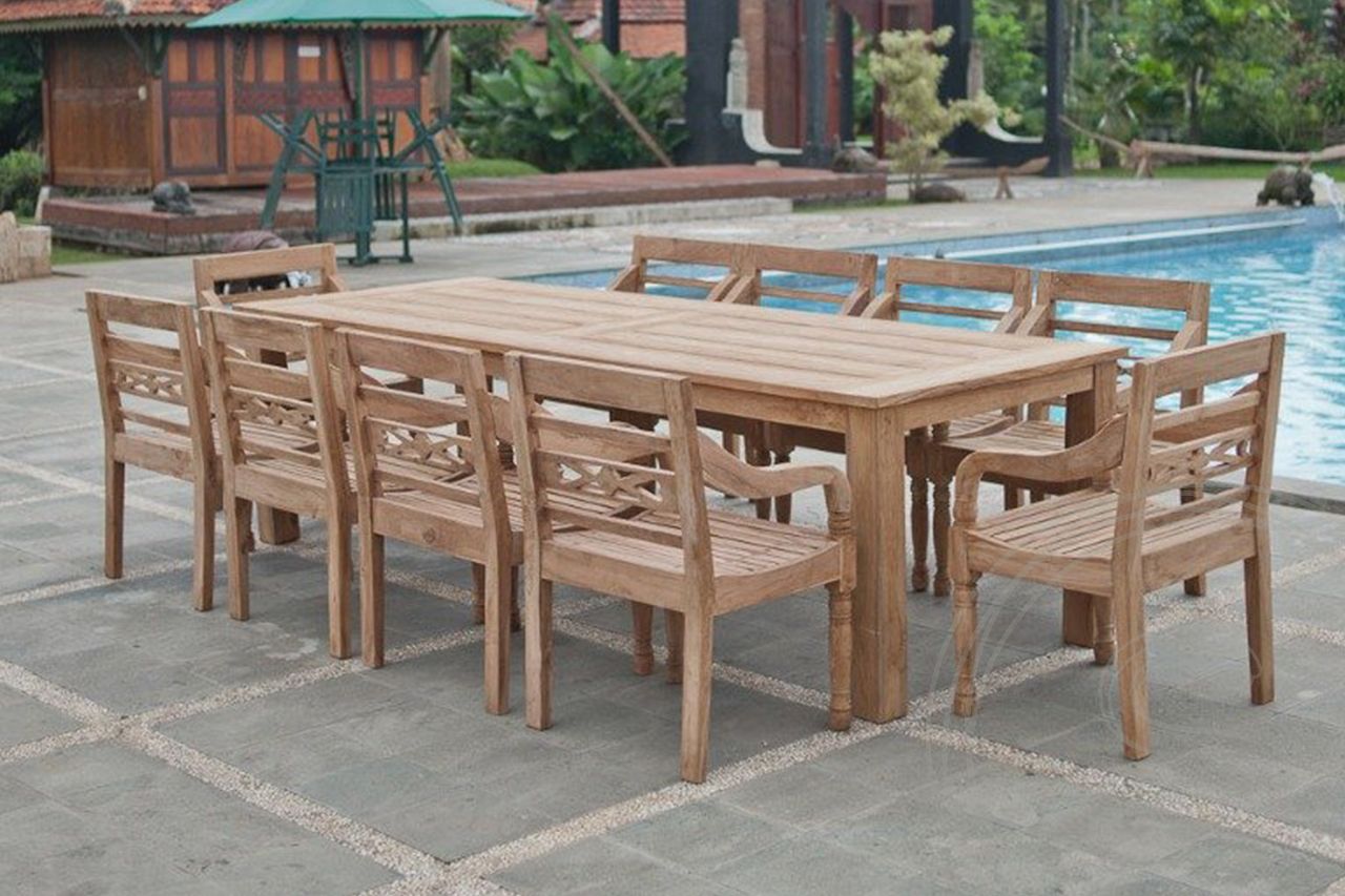 Teak tuintafel 280x100cm + 10 stationsstoelen