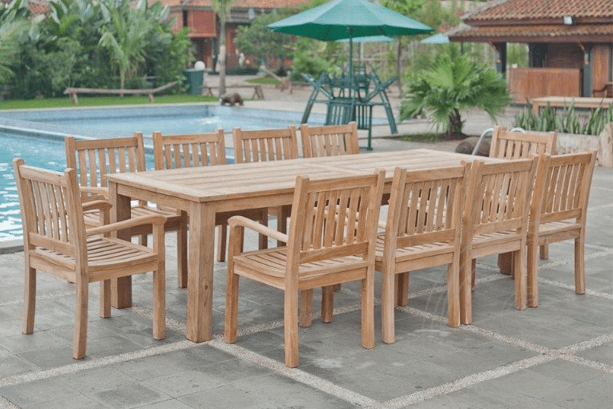 Teak tuintafel 280x100cm + 10 beaufort stoelen