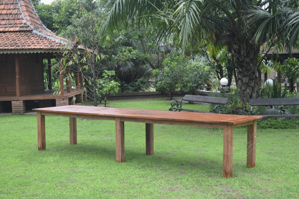 Teak tuintafel 400x100cm + 12 stationsstoelen
