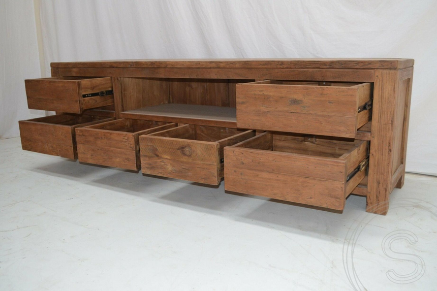 Teak tv-meubel oud hout 200cm greeploos