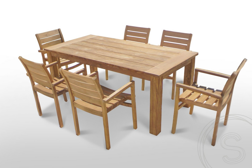 Teak tuintafel 200 x 90 + 6 stapelbare tuinstoelen stacking