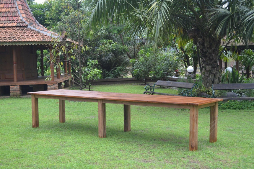 Teak tuintafel 400x100cm + 7 beaufort stoelen + 2 banken