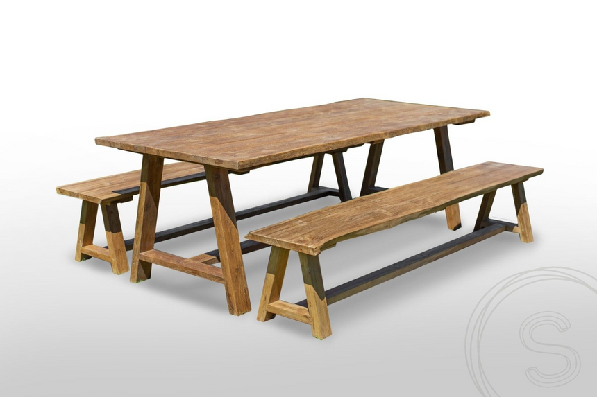 Teak tuintafel Java 240 x 100 + 2 teak tuinbanken Java 240