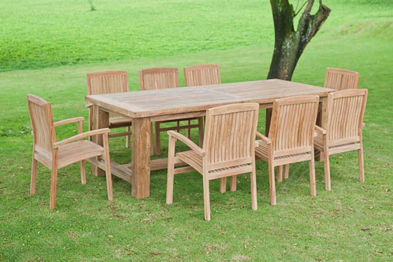 Teak tuintafel mammoet 250cm + 8 stapelstoelen