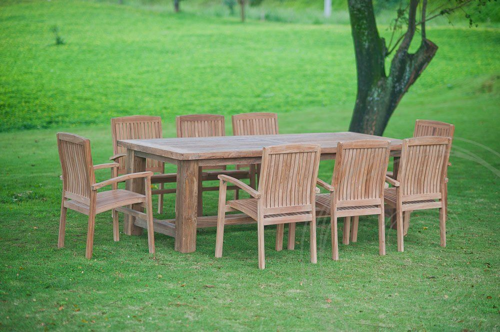 Teak tuintafel mammoet 250cm + 8 stapelstoelen