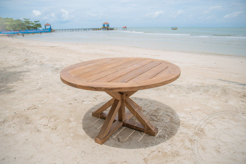 Ronde teak tuintafel 140 + 5 Betawi Gelung stoelen