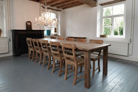 Teak tafel 300x100cm oud hout + 10 stoelen