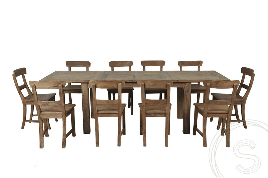 Teak tafel uitschuifbaar 160-210-260x90 + 10 stoelen