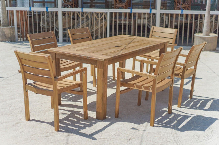 Teak tuintafel 180 x 90 + 6 stapelbare tuinstoelen stacking