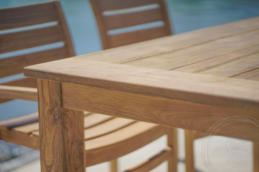 Teak tuintafel 180 x 90 + 6 stapelbare tuinstoelen stacking