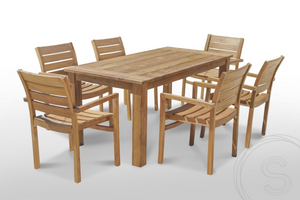 Teak tuintafel 180 x 90 + 6 stapelbare tuinstoelen stacking