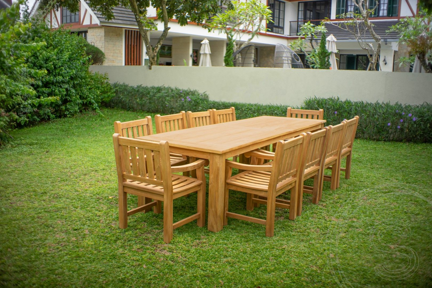 Teak tuintafel 300 x 100 + 10 tuinstoelen elephant