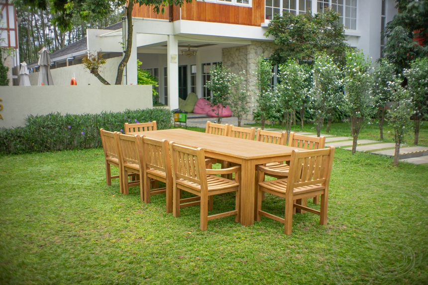 Teak tuintafel 300 x 100 + 10 tuinstoelen elephant