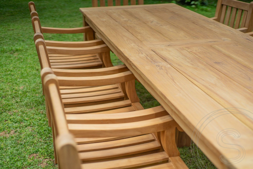 Teak tuintafel 300 x 100 + 10 tuinstoelen elephant