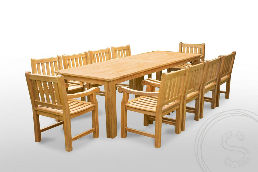 Teak tuintafel 300 x 100 + 10 tuinstoelen elephant