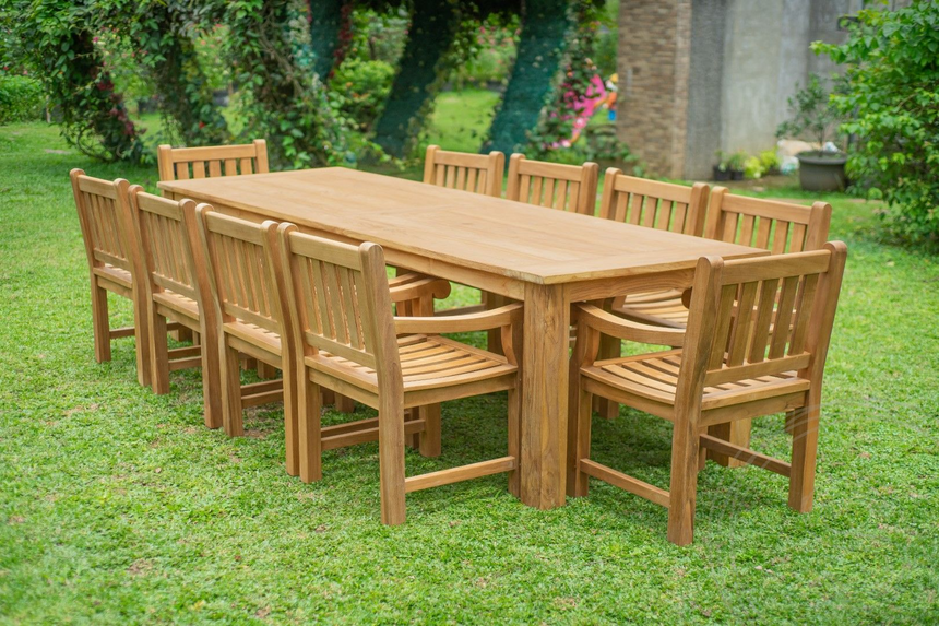 Teak tuintafel 300 x 100 + 10 tuinstoelen elephant
