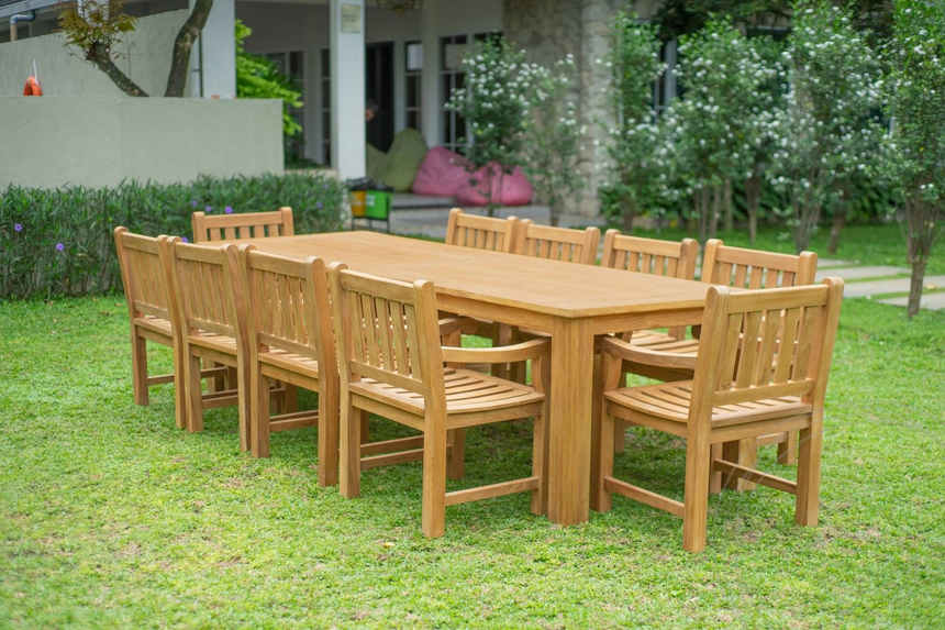 Teak tuintafel 300 x 100 + 10 tuinstoelen elephant
