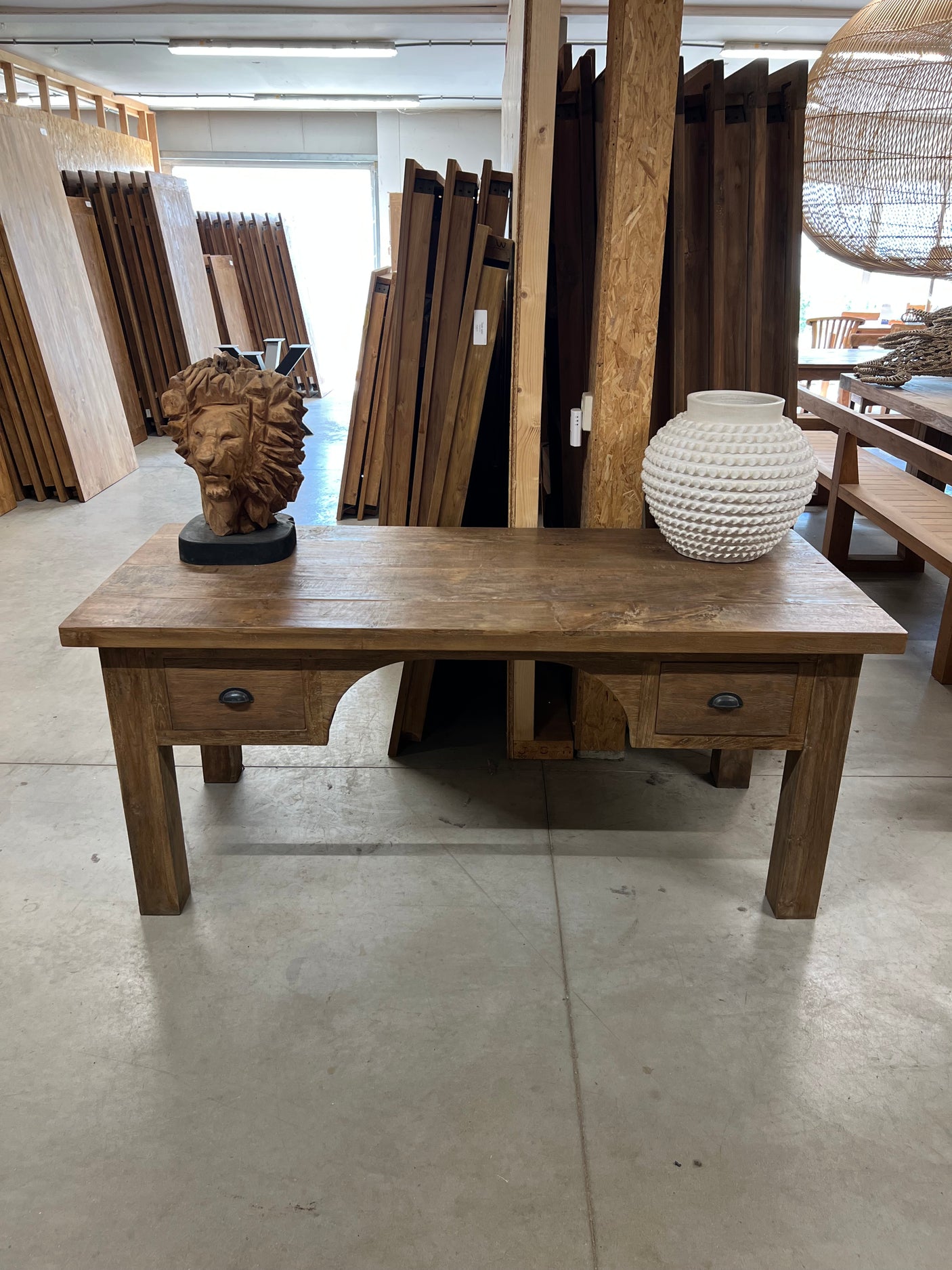 Teak bureautafel met lades oud hout - 180x90x80cm