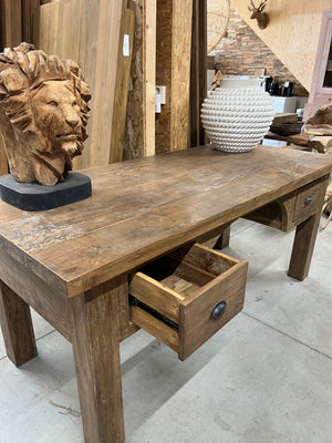 Teak bureautafel met lades oud hout - 180x90x80cm