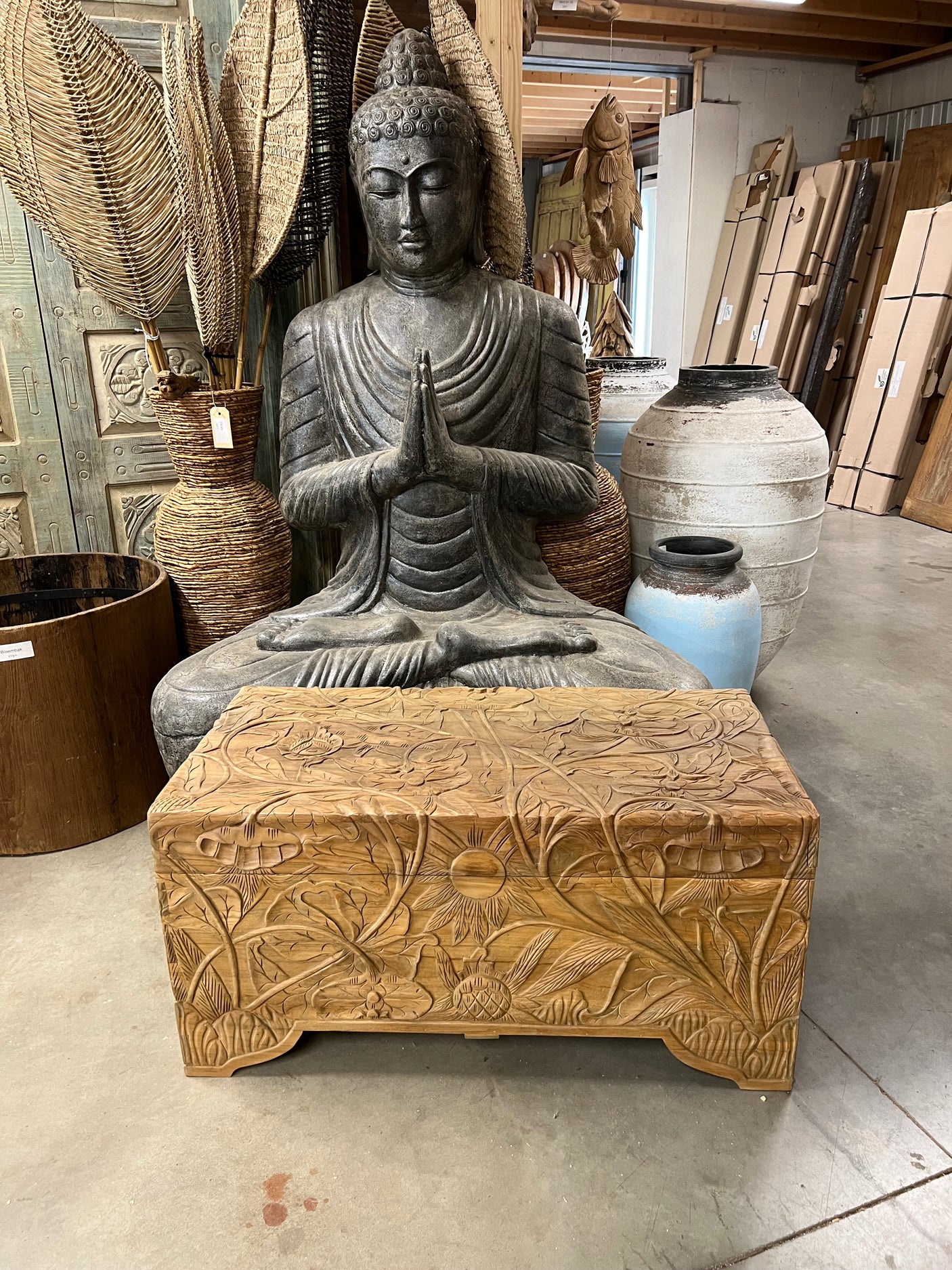 Teak kist flower L - 100x50x50cm