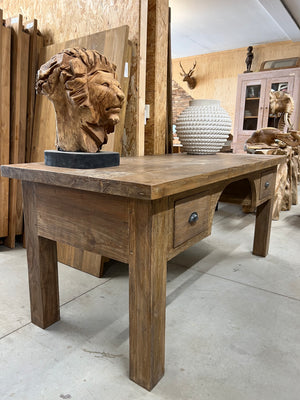 Teak bureautafel met lades oud hout - 180x90x80cm